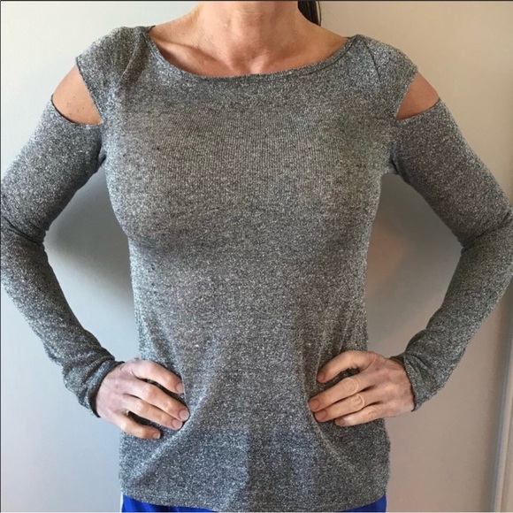 Bailey 44 Silver Peek a Boo Sparkly Cutout Long Sleeve Cold Shoulder Knit Top Sm - Picture 1 of 8